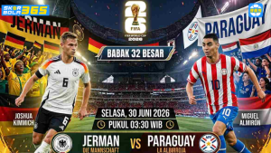 Poster pertandingan Jerman vs Paraguay Babak 32 Besar Piala Dunia FIFA 2026 menampilkan Joshua Kimmich dan Miguel Almirón dengan jadwal pertandingan pada 30 Juni 2026.