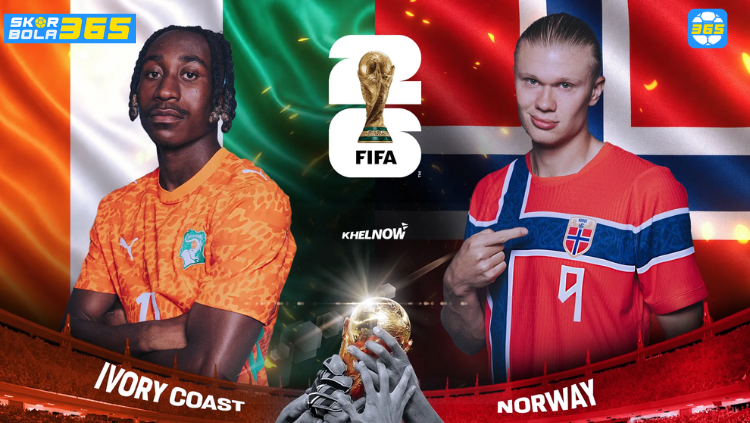 Poster pertandingan Norwegia vs Pantai Gading Piala Dunia 2026 menampilkan logo Federasi Sepak Bola Norwegia (NFF) dan Federasi Sepak Bola Pantai Gading (FIF).