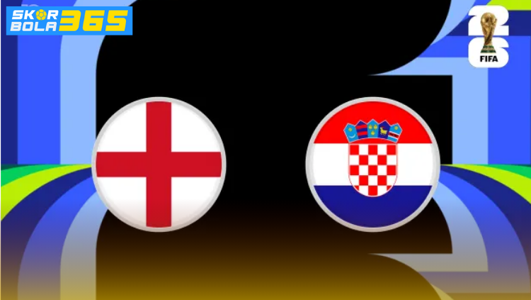 Poster pertandingan Inggris vs Kroasia di Piala Dunia FIFA 2026 menampilkan Harry Kane dan Luka Modric dengan latar stadion sepak bola.