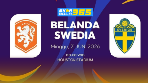 Poster pertandingan Belanda vs Swedia dengan logo kedua tim nasional dan trofi FIFA di tengah latar stadion penuh warna.