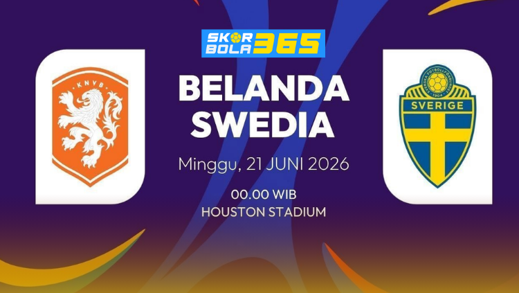 Poster pertandingan Belanda vs Swedia dengan logo kedua tim nasional dan trofi FIFA di tengah latar stadion penuh warna.