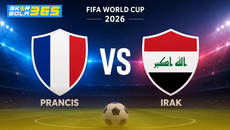 Poster pertandingan Prancis vs Irak pada FIFA World Cup 2026 dengan lambang tim nasional kedua negara dan latar stadion sepak bola.