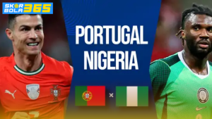 Poster pertandingan Portugal vs Nigeria menampilkan logo kedua tim nasional dengan latar stadion sepak bola modern.