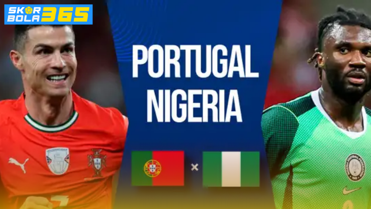 Poster pertandingan Portugal vs Nigeria menampilkan logo kedua tim nasional dengan latar stadion sepak bola modern.