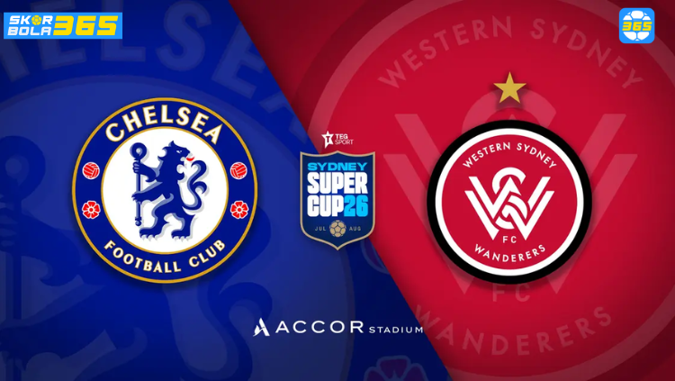 Poster pertandingan Western Sydney Wanderers vs Chelsea yang menampilkan logo kedua klub menjelang laga pramusim sepak bola.