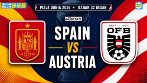 Poster pertandingan Spanyol vs Austria Babak 32 Besar Piala Dunia FIFA 2026 menampilkan logo Federasi Sepak Bola Spanyol (RFEF) dan Federasi Sepak Bola Austria (ÖFB) dengan trofi Piala Dunia di tengah.