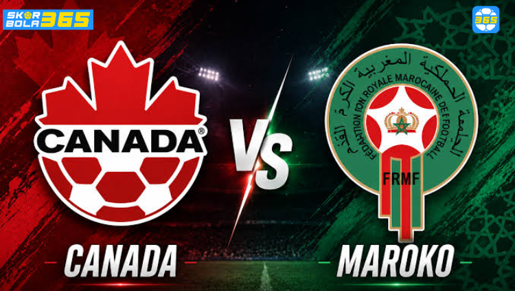 Poster pertandingan Kanada vs Maroko menampilkan logo tim nasional Kanada dan Federasi Sepak Bola Maroko (FRMF) dengan latar stadion sepak bola.