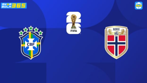 Poster pertandingan Brasil vs Norwegia Piala Dunia FIFA 2026 menampilkan bendera Brasil dan Norwegia dengan logo FIFA World Cup 2026.