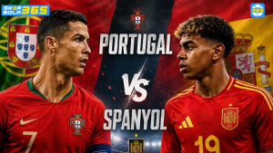 Poster pertandingan Portugal vs Spanyol Piala Dunia FIFA 2026 menampilkan Cristiano Ronaldo dan Lamine Yamal dengan latar bendera Portugal dan Spanyol.