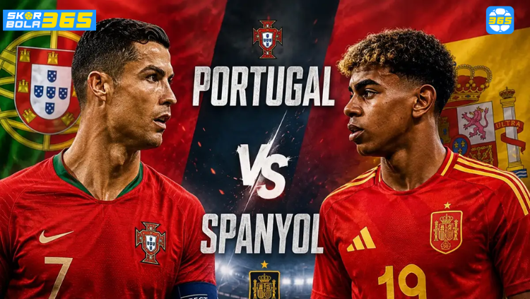 Poster pertandingan Portugal vs Spanyol Piala Dunia FIFA 2026 menampilkan Cristiano Ronaldo dan Lamine Yamal dengan latar bendera Portugal dan Spanyol.