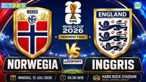 Ilustrasi pertandingan Norwegia vs Inggris dengan bendera kedua negara dan bola sepak menjelang laga internasional pada 12 Juli 2026.