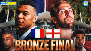 Ilustrasi pertandingan Prancis vs Inggris dalam perebutan juara ketiga UEFA Euro menampilkan Kylian Mbappé dan Jude Bellingham dengan bendera Prancis dan Inggris.