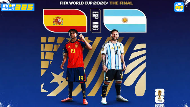 Poster Final Piala Dunia FIFA 2026 mempertemukan Spanyol vs Argentina dengan ilustrasi pemain kedua tim dan logo resmi turnamen.